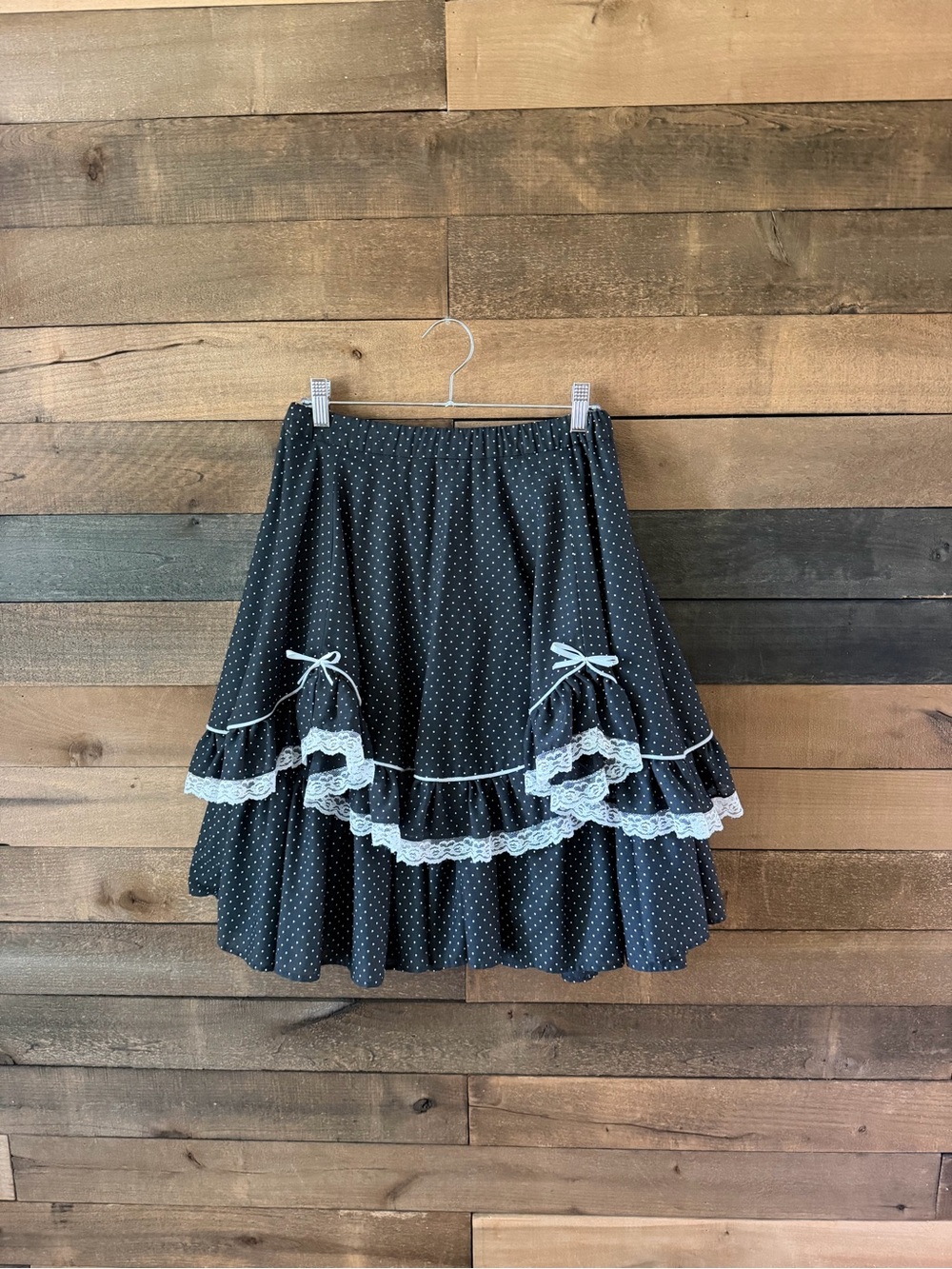 Vintage Black White Polka Dot Square Dance Skirt Lace Ruffle Circle Skirt